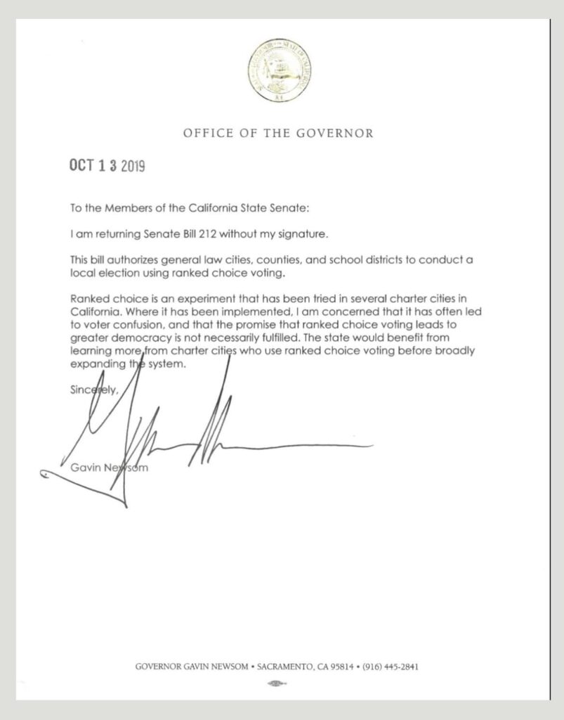 California Governor Newsom rejects Ranked Choice Voting RCV